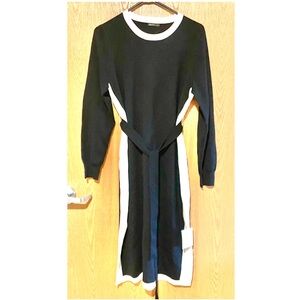 NWT GORGEOUS MOTIF MIDI BLACK DRESS WITH WHITE ACCENTS AND BELT!